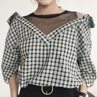 Mesh Panel Plaid Mock Two-piece Blouse