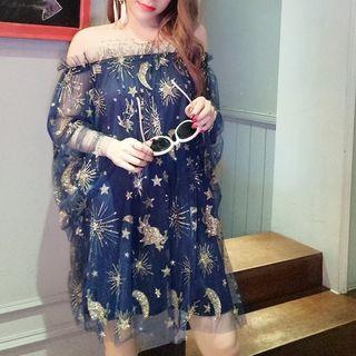 Glittered Star Off-shoulder Mesh A-line Dress