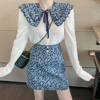 Set: Sweater + Floral Print Shawl + A-line Skirt
