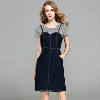 Set: Short-sleeve T-shirt + Denim Strappy Dress