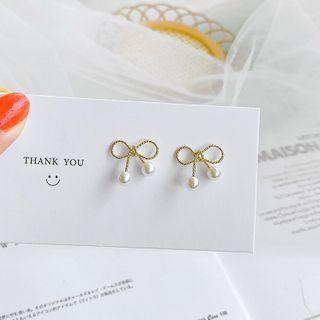 Alloy Bow Faux Pearl Earring Stud Earring - 1 Pair - Bow & Faux Pearl - Gold - One Size