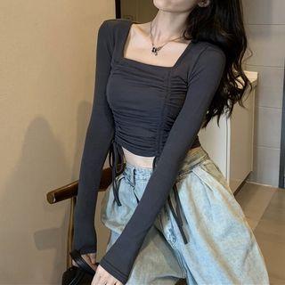 Square-neck Drawstring Cropped T-shirt