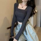 Square-neck Drawstring Cropped T-shirt