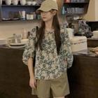 3/4-sleeve Round Neck Floral Blouse / Wide Leg Shorts