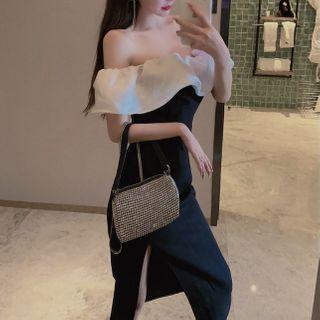 Off-shoulder Two-tone Panel Slit Midi Bodycon Dress