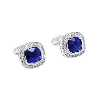 Fashion Elegant Geometric Square Blue Cubic Zirconia Cufflinks Silver - One Size