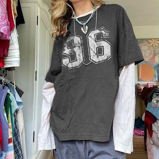 Mock Two Piece Long Sleeve Numbering Loose-fit T-shirt