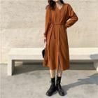 Long-sleeve Button-up Sashed Knit Midi Dress