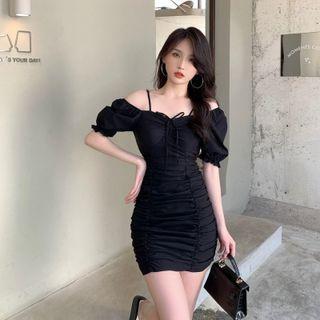 Puff-sleeve Cold Shoulder Drawstring Mini Bodycon Dress