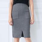 Slit-front Pocketed Knit Pencil Skirt