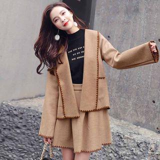 Set: Contrast Trim Open Front Jacket + Mini A-line Skirt