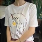 Unicorn Print Flower Applique Short Sleeve T-shirt