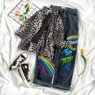 Elbow-sleeve Leopard Print Shirt / Neck-tie / Print Wide-leg Jeans