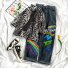 Elbow-sleeve Leopard Print Shirt / Neck-tie / Print Wide-leg Jeans