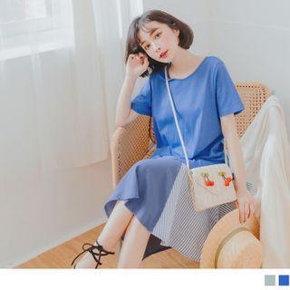Color Block Striped Panel Short Sleeve A-line Dress