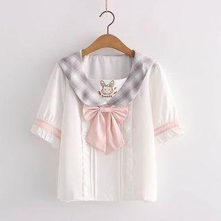 Short-sleeve Rabbit Embroidered Bow Accent Blouse Milky White - One Size