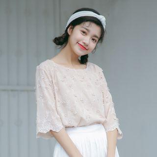 Elbow-sleeve Textured Chiffon Top