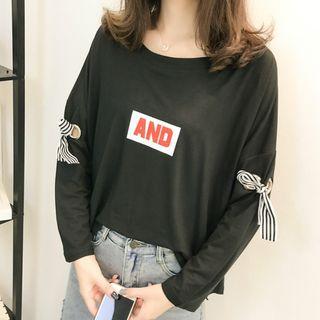 Striped Ribbon Lettering Long-sleeve T-shirt