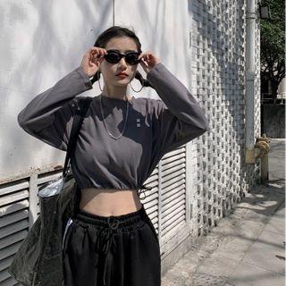 Printed Drawstring Long-sleeve Cropped Top