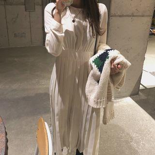 Plain Long-sleeve Pleated Midi Dress White - One Size