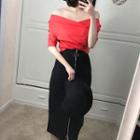 Set: Off Shoulder Elbow-sleeve Top + Midi Fitted Skirt