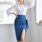 Set: Long-sleeve Perforated Shirt + Midi Fitted Skirt