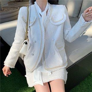 Faux Pearl Accent Open-front Jacket / Mini A-line Skirt / Tie-neck Long-sleeve Blouse