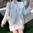 Faux Pearl Accent Open-front Jacket / Mini A-line Skirt / Tie-neck Long-sleeve Blouse