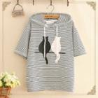 Cat Print Striped Short-sleeve Hoodie As Shown In Figure - One Size