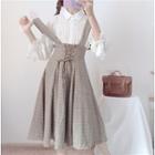 Collared Bell-sleeve Lace Blouse / Plaid Midi A-line Jumper Skirt