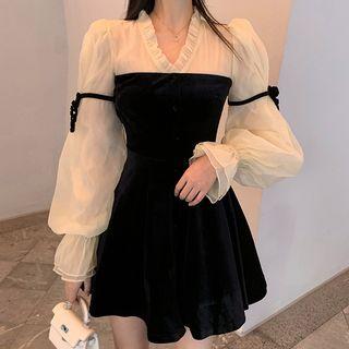 Puff-sleeve Panel Velvet A-line Dress As Shown In Figure - One Size