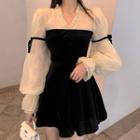 Puff-sleeve Panel Velvet A-line Dress As Shown In Figure - One Size