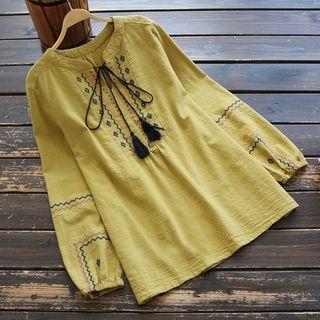 Embroidered Trim Tasseled Blouse