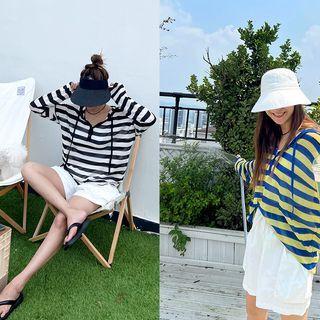 Hooded Sheer Knit Stripe Henley