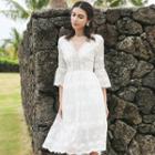 V-neck Lace-up 3/4-sleeve A-line Dress