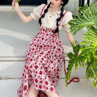 Lace Trim Blouse / Floral Midi A-line Overall Dress / Set