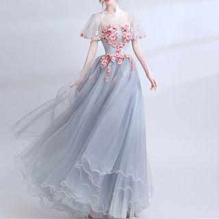 Puff-sleeve Flower Accent A-line Evening Gown