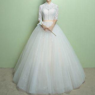 Elbow-sleeve Mandarin Collar Wedding Ball Gown