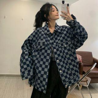 Checkered Letter Embroidered Denim Jacket Blue - One Size