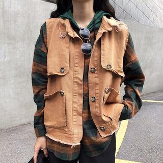 Plain Pocket Frayed Vest / Long-sleeve Plaid Shirt