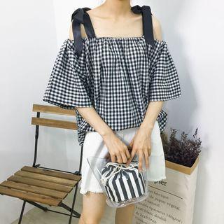 Elbow-sleeve Cold Shoulder Plaid Top Plaid - Black & White - One Size