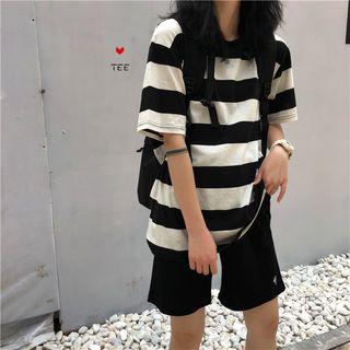 Elbow-sleeve Color Block T-shirt Black - One Size