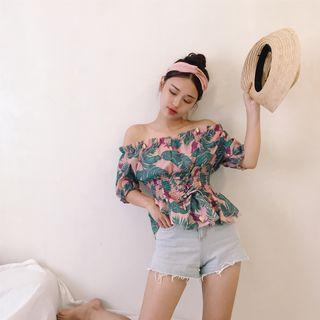 Floral Print Off-shoulder Short-sleeve Blouse