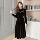 Dotted Mesh Ruffled Long-sleeve Velvet Midi A-line Dress