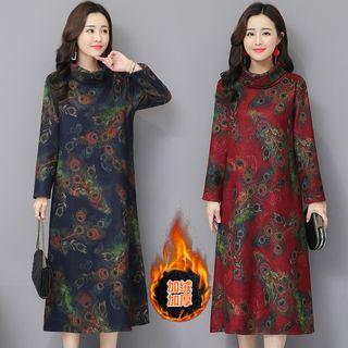 Long-sleeve Peacock Print Midi A-line Dress