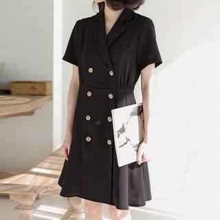 Short-sleeve Double Breasted A-line Mini Dress Black - One Size