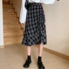 Shirred Plaid Midi A-line Skirt
