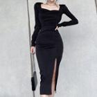 Long-sleeve Square Neck Slit Midi Bodycon Dress