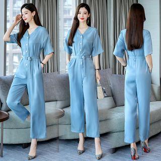 Elbow-sleeve V-neck Wide-leg Jumpsuit