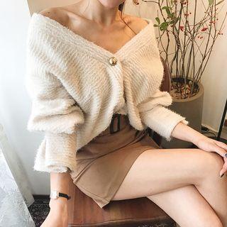 V-neck Metallic-button Furry Cardigan